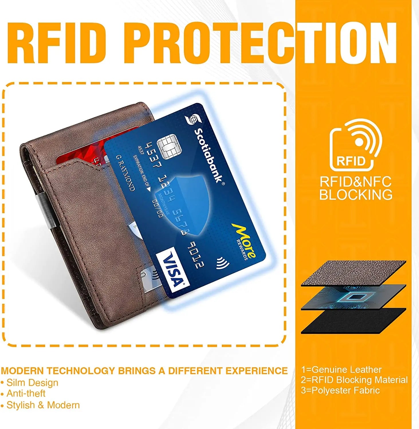 Premium Leather Mens Slim Billfold Wallet RFID Blocking